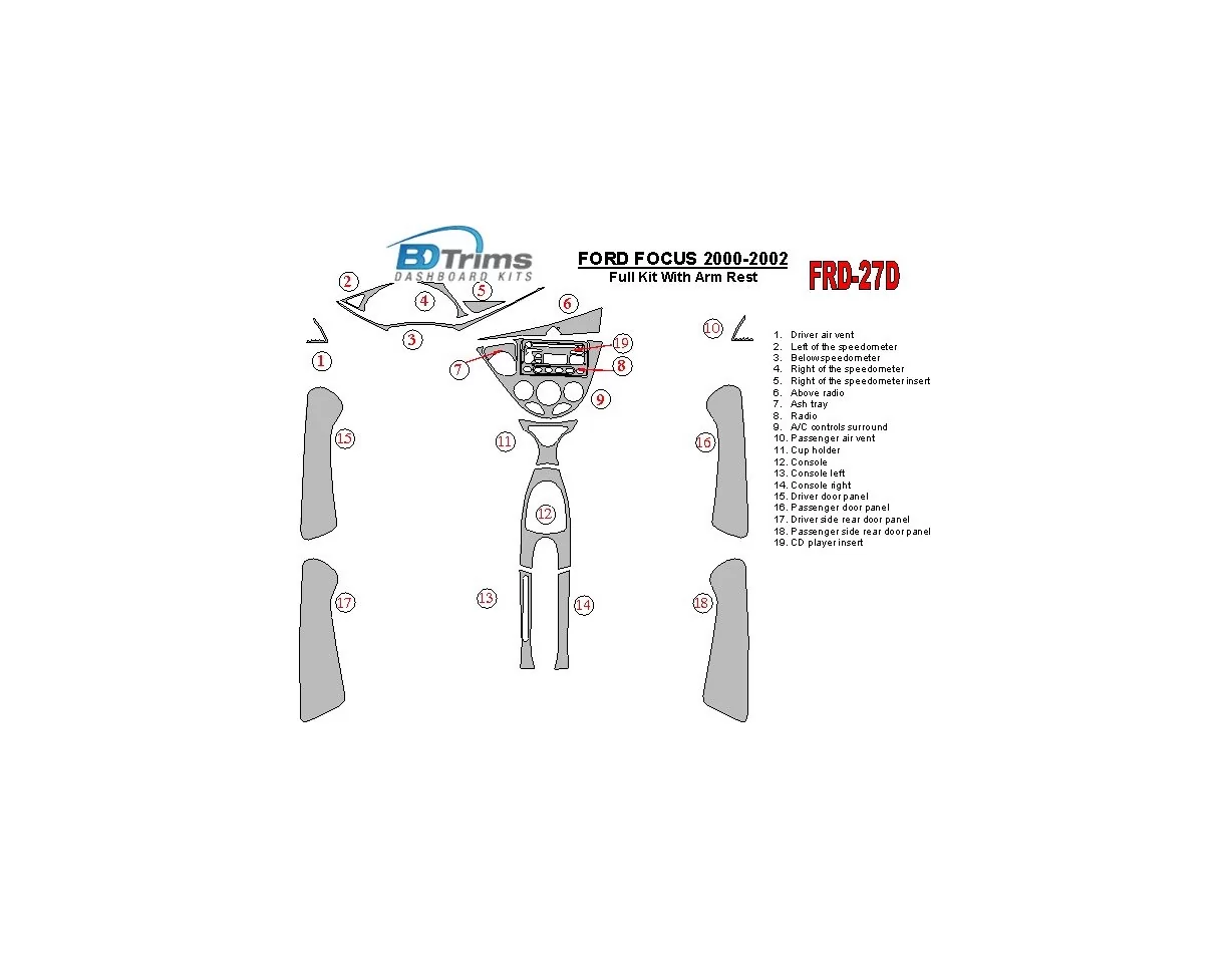 Ford Focus 2000-2002 Full Set, With Arm Rest, 4 Doors, 18 Parts set Interior BD Dash Trim Kit - 1 - Interior Dash Trim Kit