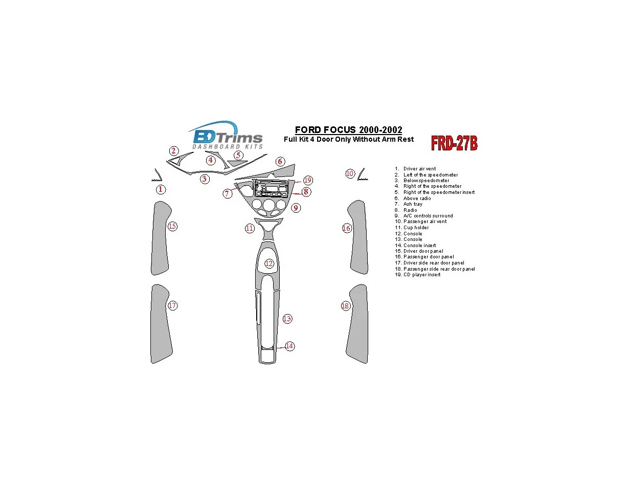 Ford Focus 2000-2002 Full Set, Without Armrest, 4 Doors, 18 Parts set Interior BD Dash Trim Kit - 1 - Interior Dash Trim Kit