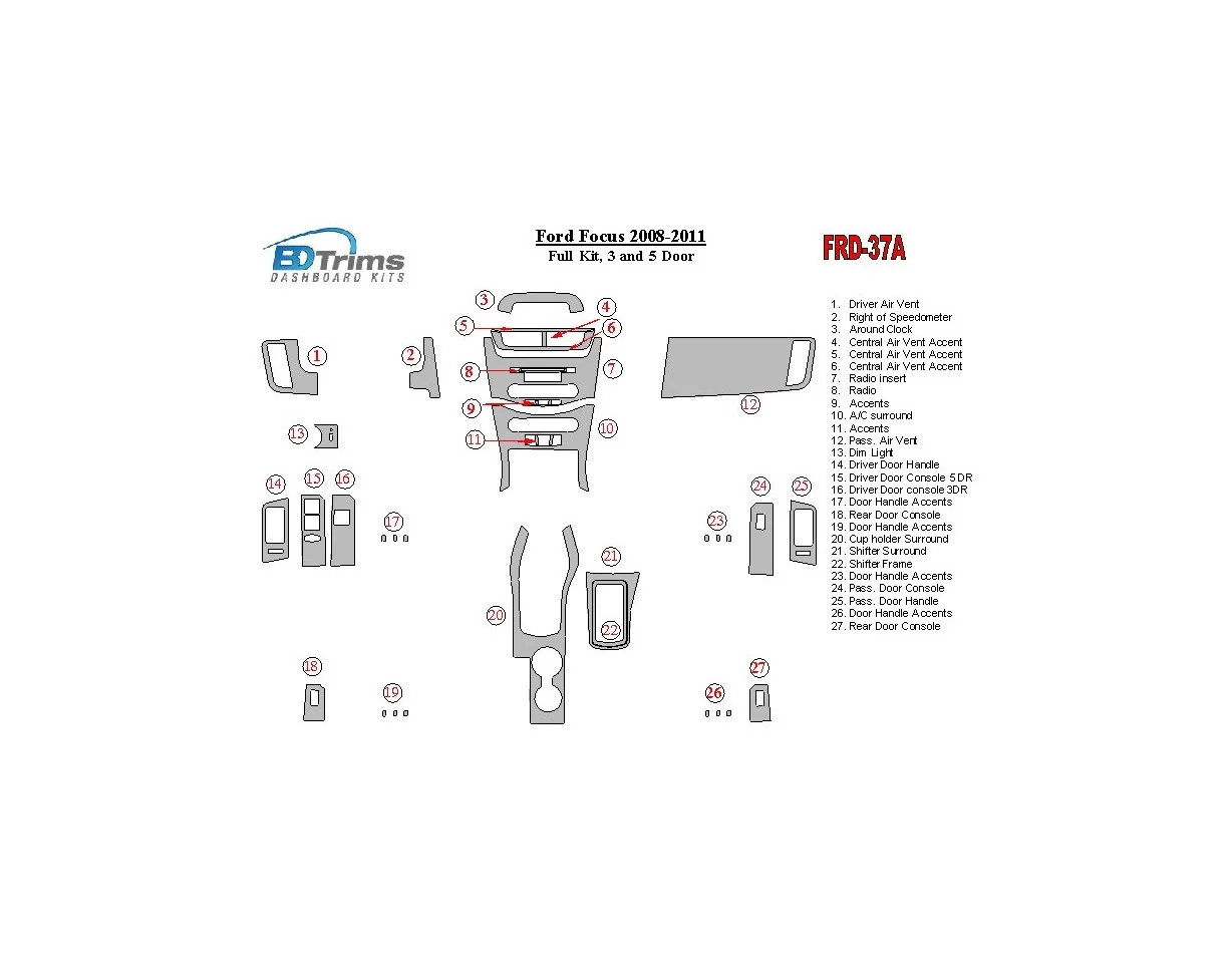 Ford Focus 2008-2011 Full Set, 3 and 5 Doors Interior BD Dash Trim Kit - 1 - Interior Dash Trim Kit