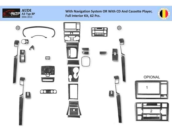 Audi A3 Typ 8P 2006-2014 3D Interior Dashboard Trim Kit Dash Trim Dekor 62-Parts - 1 - Interior Dash Trim Kit