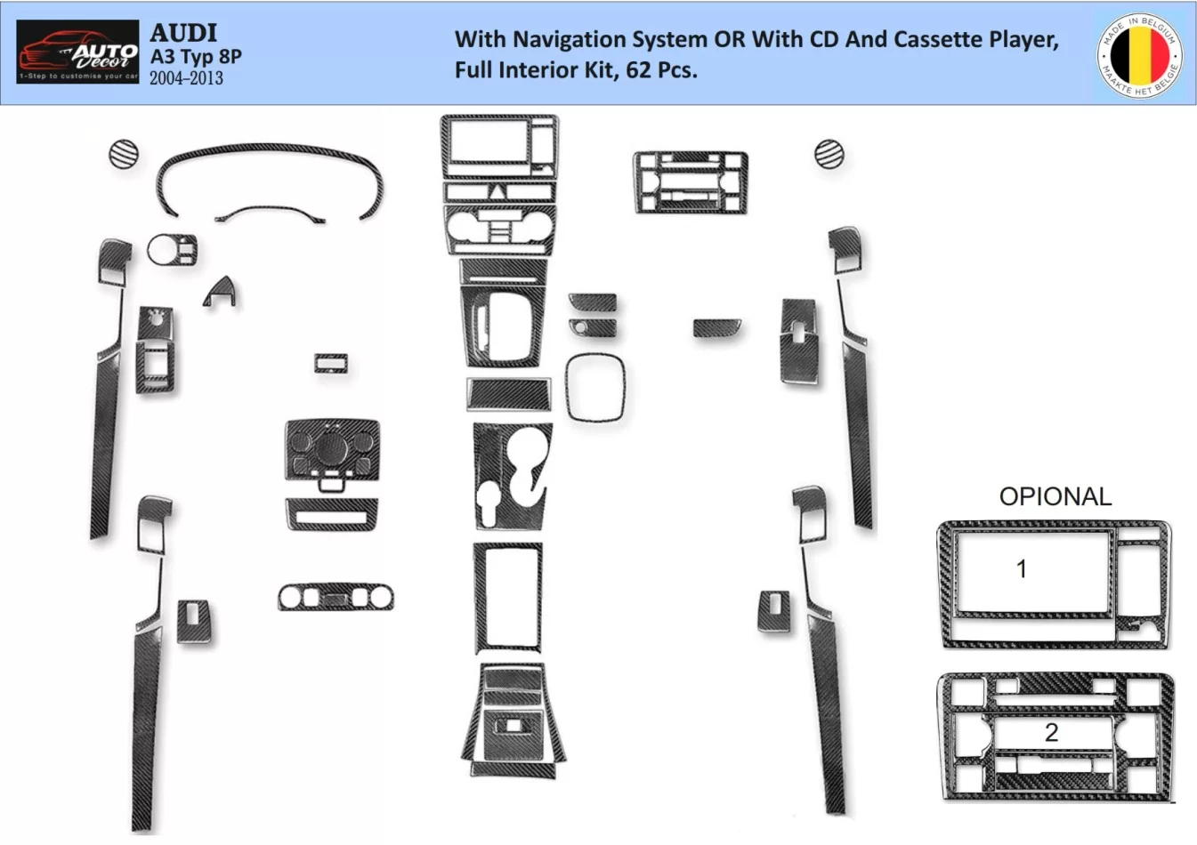 Audi A3 Typ 8P 2006-2014 3D Interior Dashboard Trim Kit Dash Trim Dekor 62-Parts - 1 - Interior Dash Trim Kit