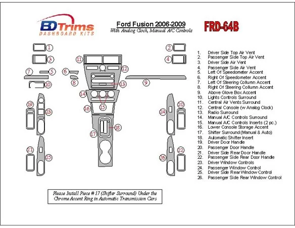 Ford Fusion 2006-2009 With Analogue Clock, Manual Gearbox A/C Controls Interior BD Dash Trim Kit - 1 - Interior Dash Trim Kit