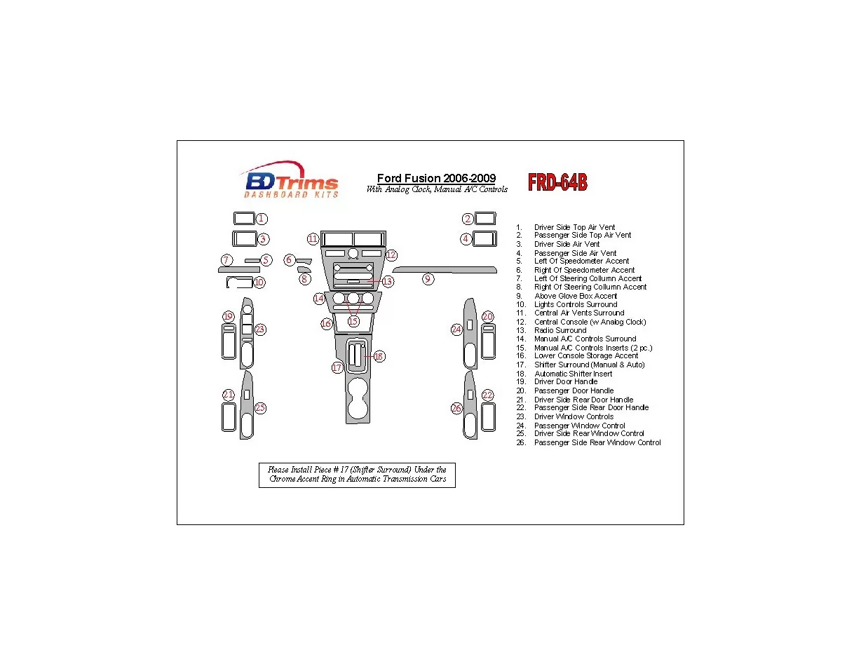 Ford Fusion 2006-2009 With Analogue Clock, Manual Gearbox A/C Controls Interior BD Dash Trim Kit - 1 - Interior Dash Trim Kit