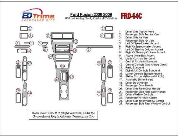 Ford Fusion 2006-2009 With Automatic Clock, Automatic A/C Controls Interior BD Dash Trim Kit - 1 - Interior Dash Trim Kit