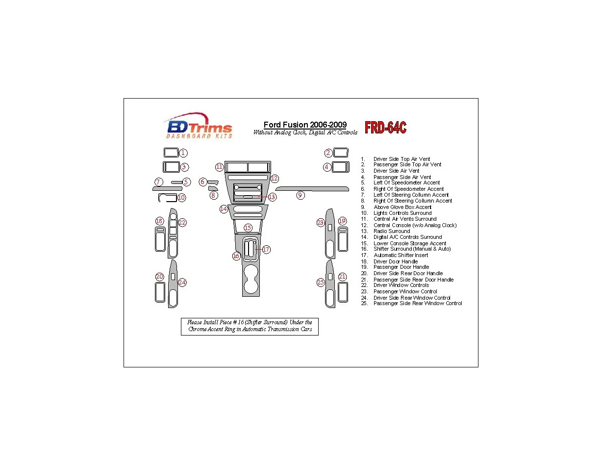 Ford Fusion 2006-2009 With Automatic Clock, Automatic A/C Controls Interior BD Dash Trim Kit - 1 - Interior Dash Trim Kit