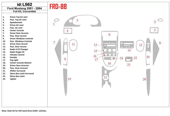 Ford Mustang 2001-2004 Folding roof-Cabrio, Full Set Interior BD Dash Trim Kit - 1 - Interior Dash Trim Kit