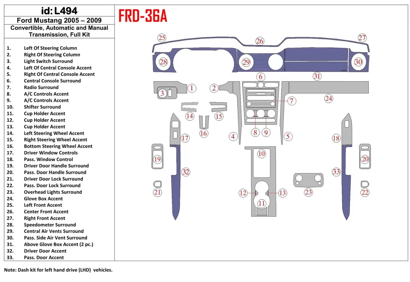 Ford Mustang 2005-2009 Folding roof-Cabrio, Full Set Interior BD Dash Trim Kit - 1 - Interior Dash Trim Kit