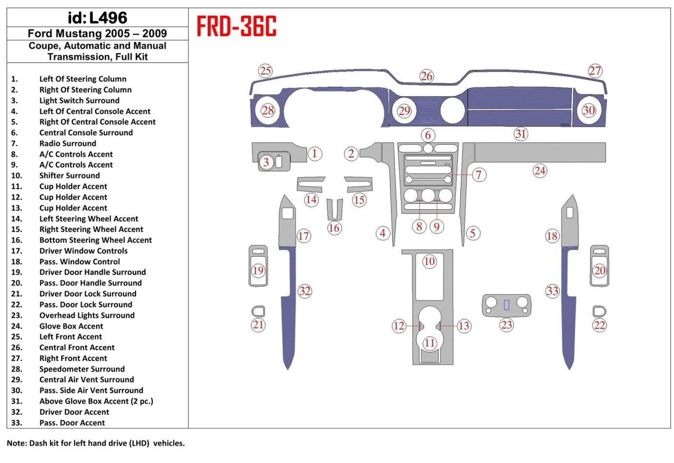 Ford Mustang 2005-2009 Soft roof-Coupe, Full Set Interior BD Dash Trim Kit - 1 - Interior Dash Trim Kit