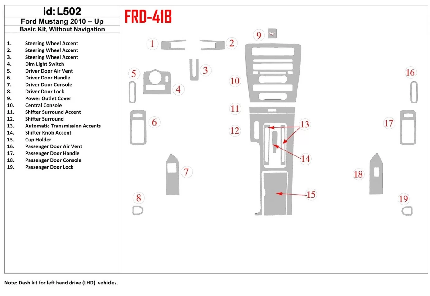 Ford Mustang 2010-UP Basic Set, Without NAVI Interior BD Dash Trim Kit - 1 - Interior Dash Trim Kit