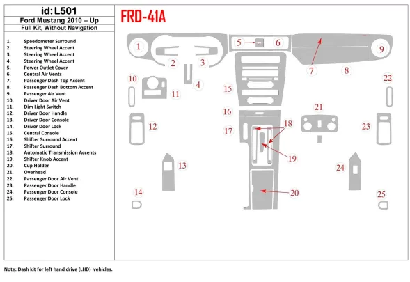 Ford Mustang 2010-UP Full Set, Without NAVI Interior BD Dash Trim Kit - 1 - Interior Dash Trim Kit