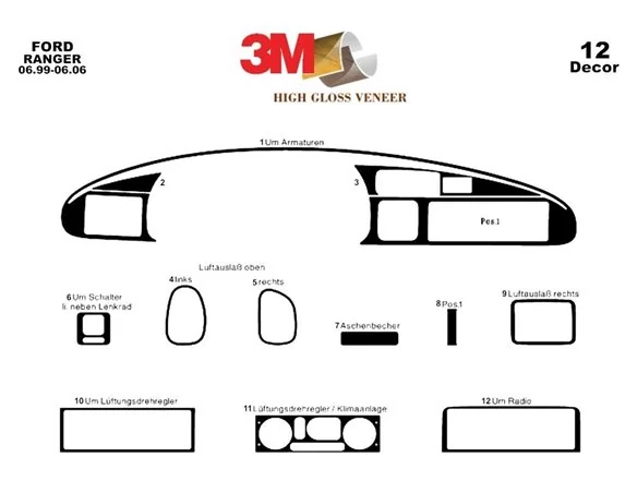 Ford Ranger 06.99-06.06 3D Interior Dashboard Trim Kit Dash Trim Dekor 12-Parts