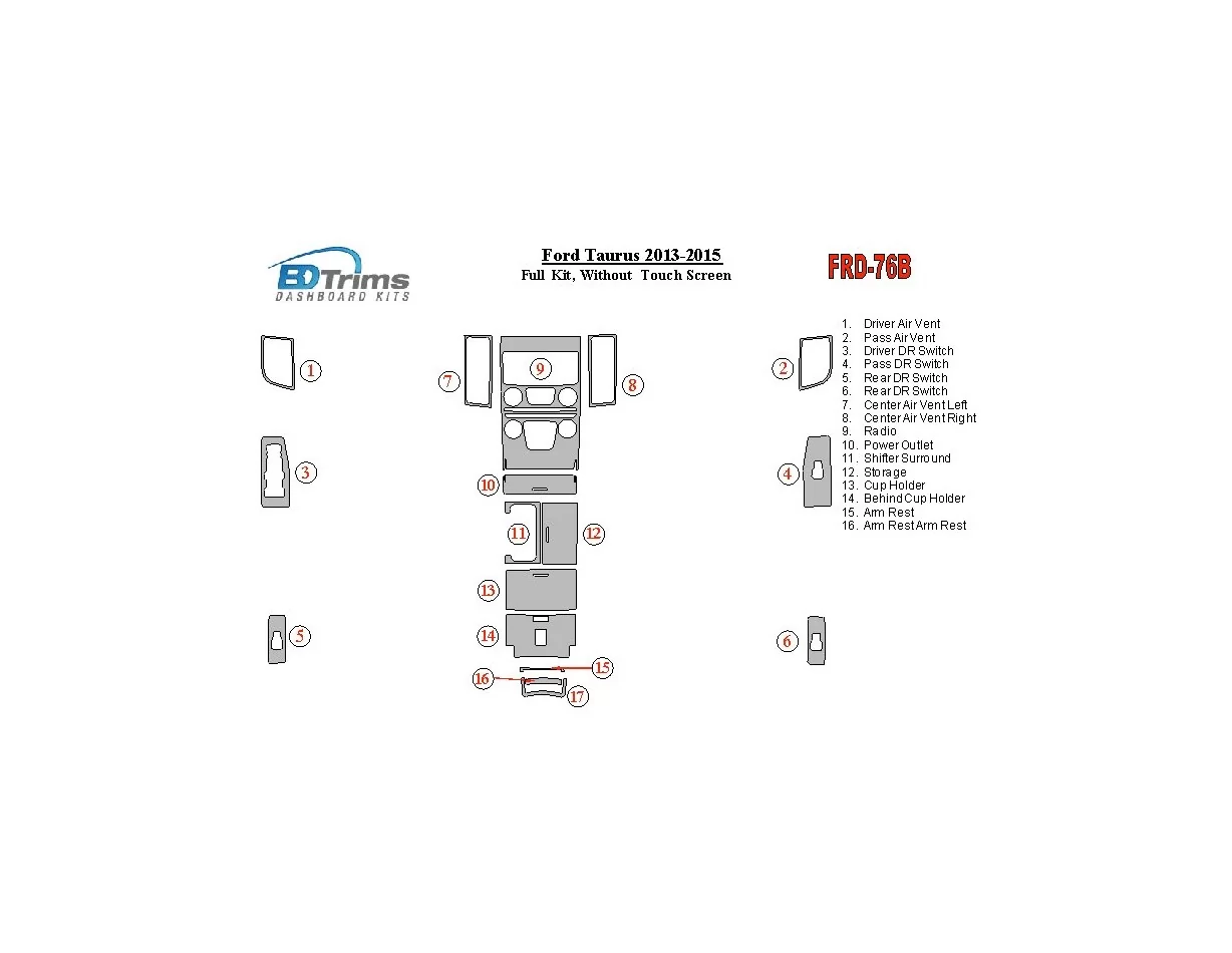 Ford Taurus 2013-UP Full Set, Without Touch screen Interior BD Dash Trim Kit - 1 - Interior Dash Trim Kit