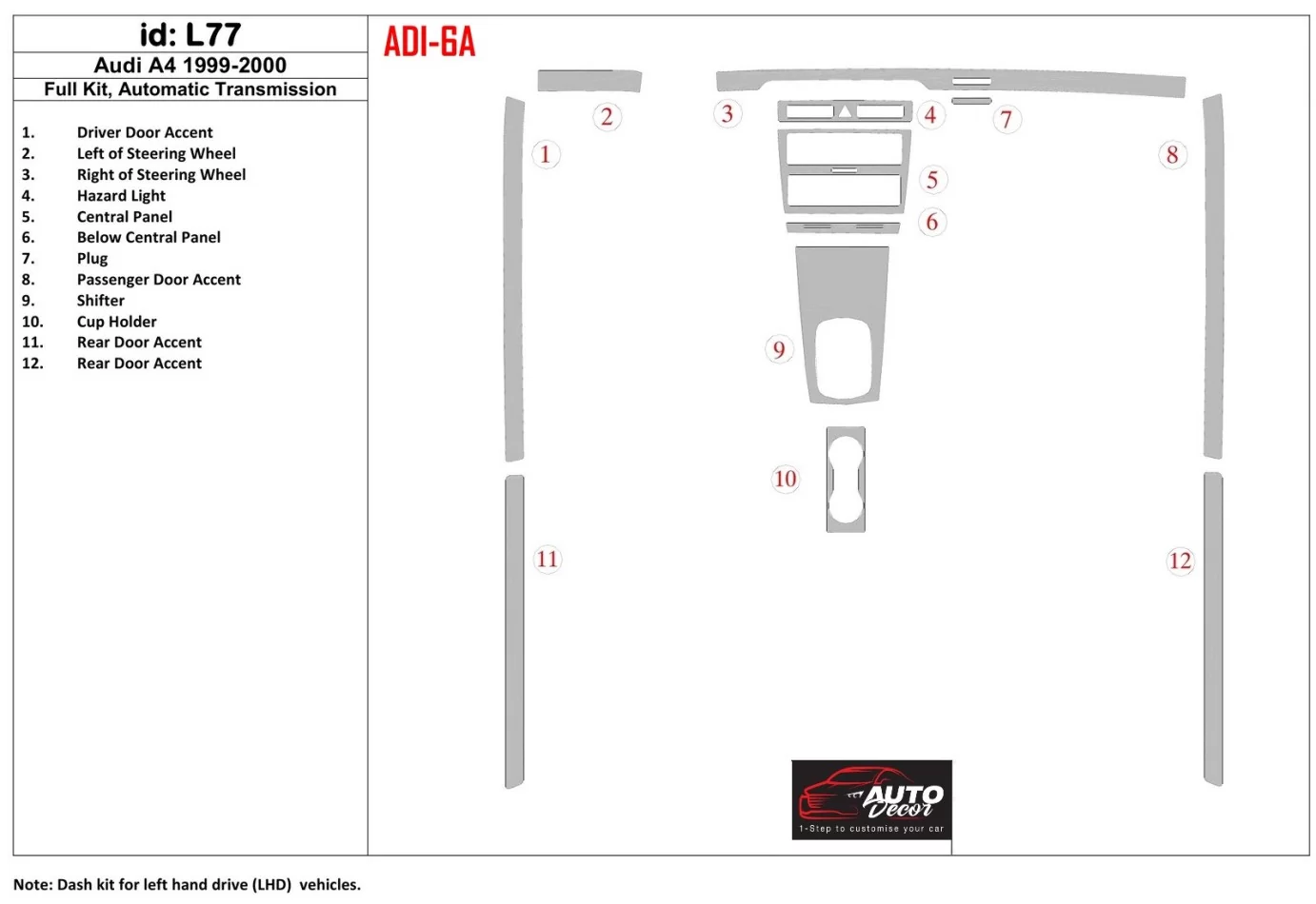 Audi A4 1999-2000 Full Set, Automatic Gear Interior BD Dash Trim Kit - 1 - Interior Dash Trim Kit
