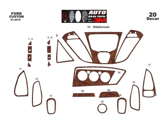 Ford Transit Custom 01.2014 3D Interior Dashboard Trim Kit Dash Trim Dekor 22-Parts