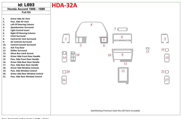 Honda Accord 1986-1989 Full Set Interior BD Dash Trim Kit - 1 - Interior Dash Trim Kit