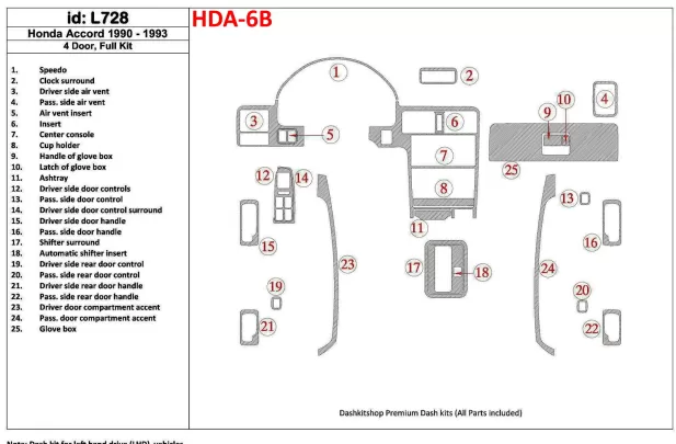 Honda Accord 1990-1993 4 Doors, Full Set, 25 Parts set Interior BD Dash Trim Kit - 1 - Interior Dash Trim Kit