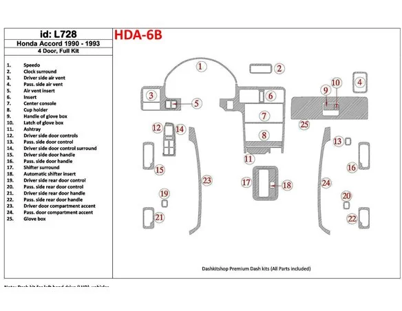 Honda Accord 1990-1993 4 Doors, Full Set, 25 Parts set Interior BD Dash Trim Kit - 1 - Interior Dash Trim Kit