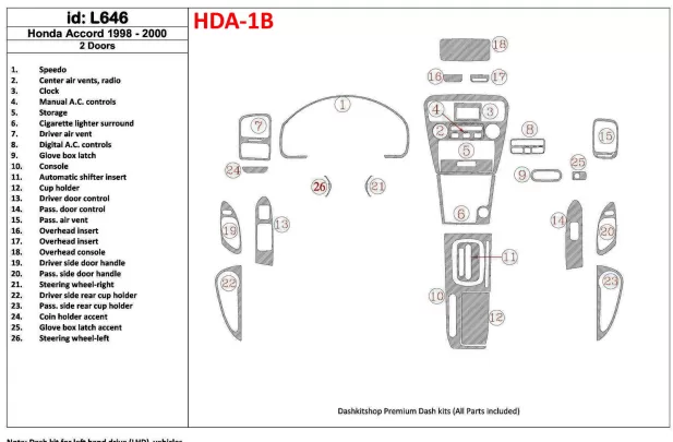 Honda Accord 1998-2000 2 Doors Full Set, 26 Parts set, Interior BD Dash Trim Kit - 1 - Interior Dash Trim Kit