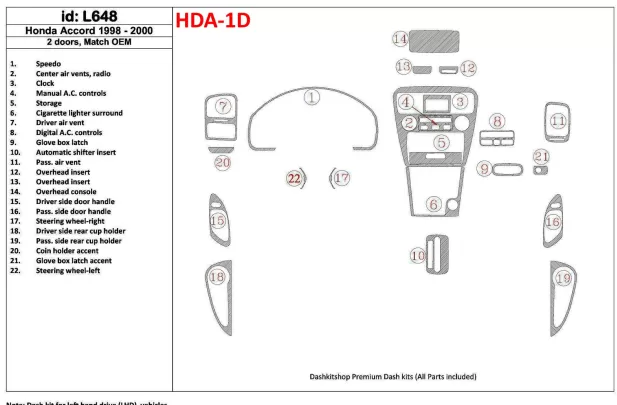 Honda Accord 1998-2000 2 Doors, Mtach OEM, 22 Parts set Interior BD Dash Trim Kit - 1 - Interior Dash Trim Kit