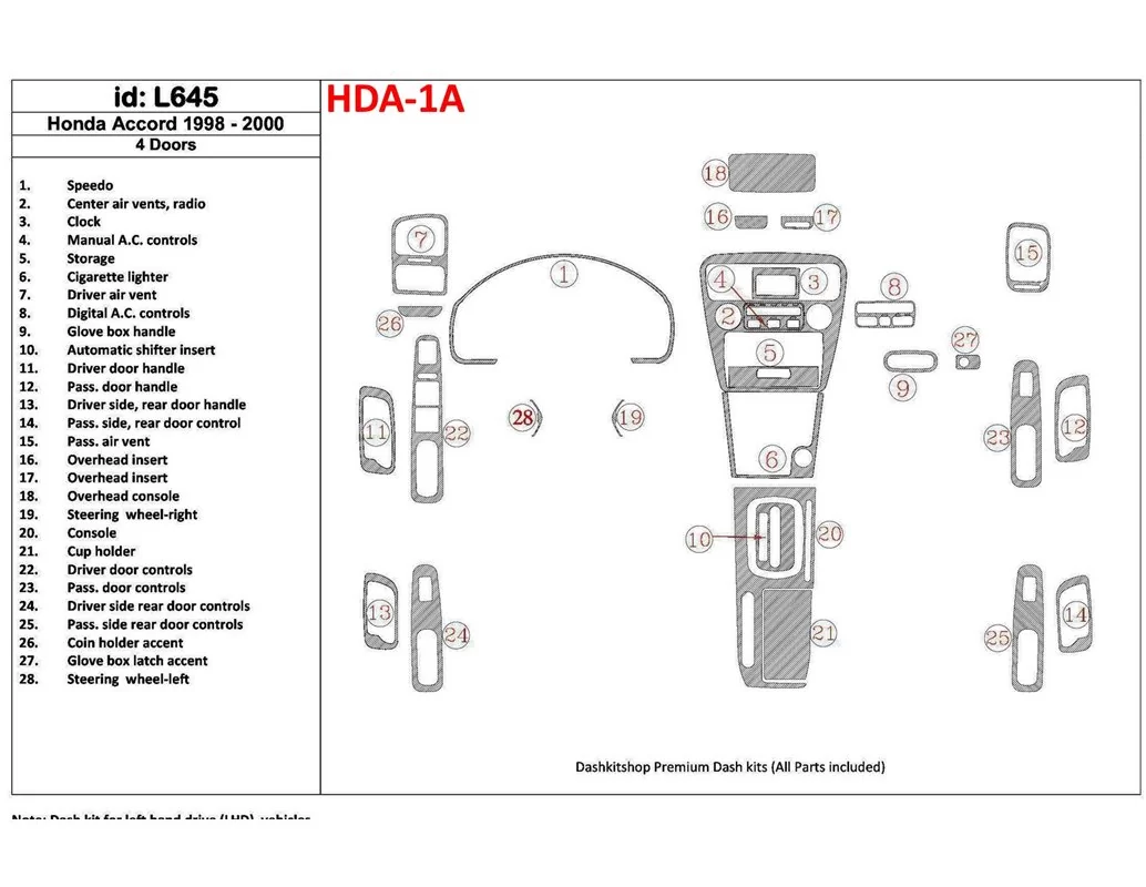 Honda Accord 1998-2000 4 Doors, Full Set, 28 Parts set Interior BD Dash Trim Kit - 1 - Interior Dash Trim Kit