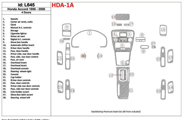 Honda Accord 1998-2000 4 Doors, Full Set, 28 Parts set Interior BD Dash Trim Kit - 1 - Interior Dash Trim Kit