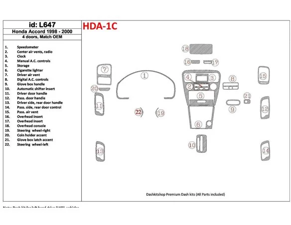 Honda Accord 1998-2000 4 Doors, OEM Compliance, 22 Parts set Interior BD Dash Trim Kit - 1 - Interior Dash Trim Kit