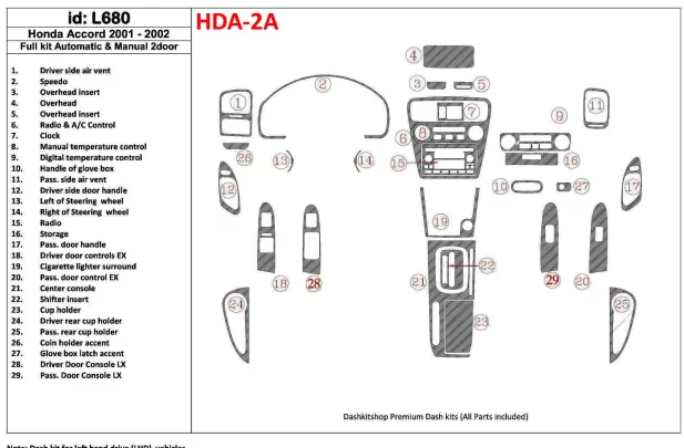 Honda Accord 2001-2002 2 Doors, Full Set, 27 Parts set Interior BD Dash Trim Kit - 1 - Interior Dash Trim Kit