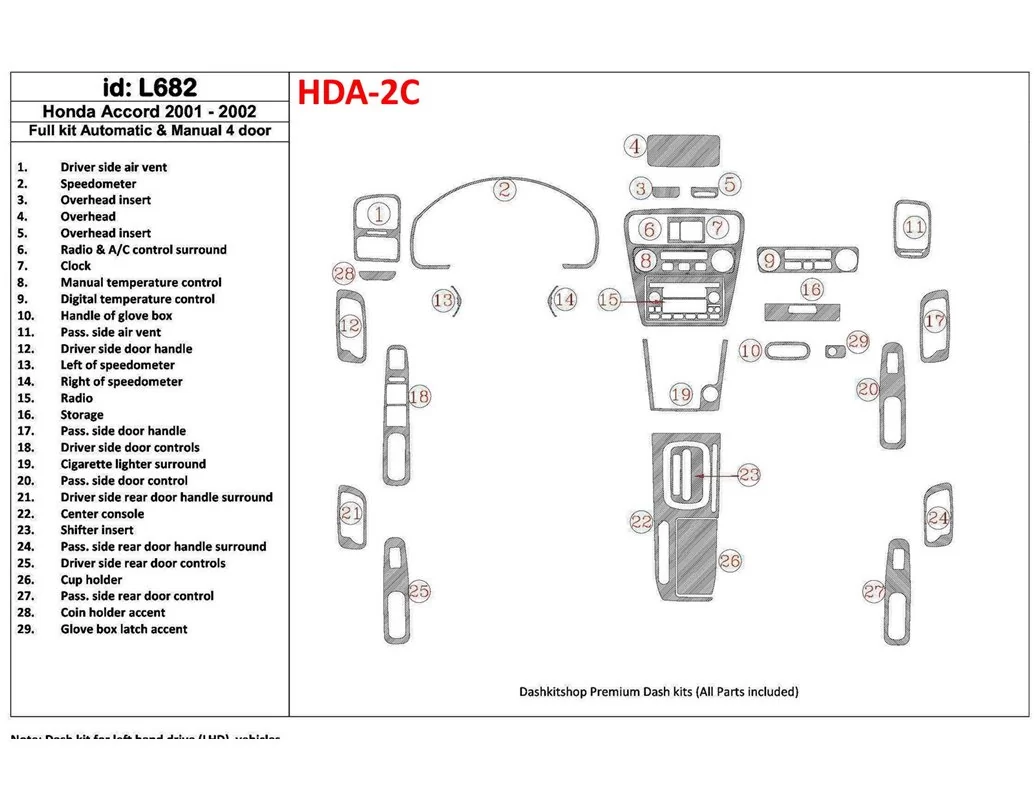 Honda Accord 2001-2002 4 Doors, Full Set, 29 Parts set Interior BD Dash Trim Kit - 1 - Interior Dash Trim Kit