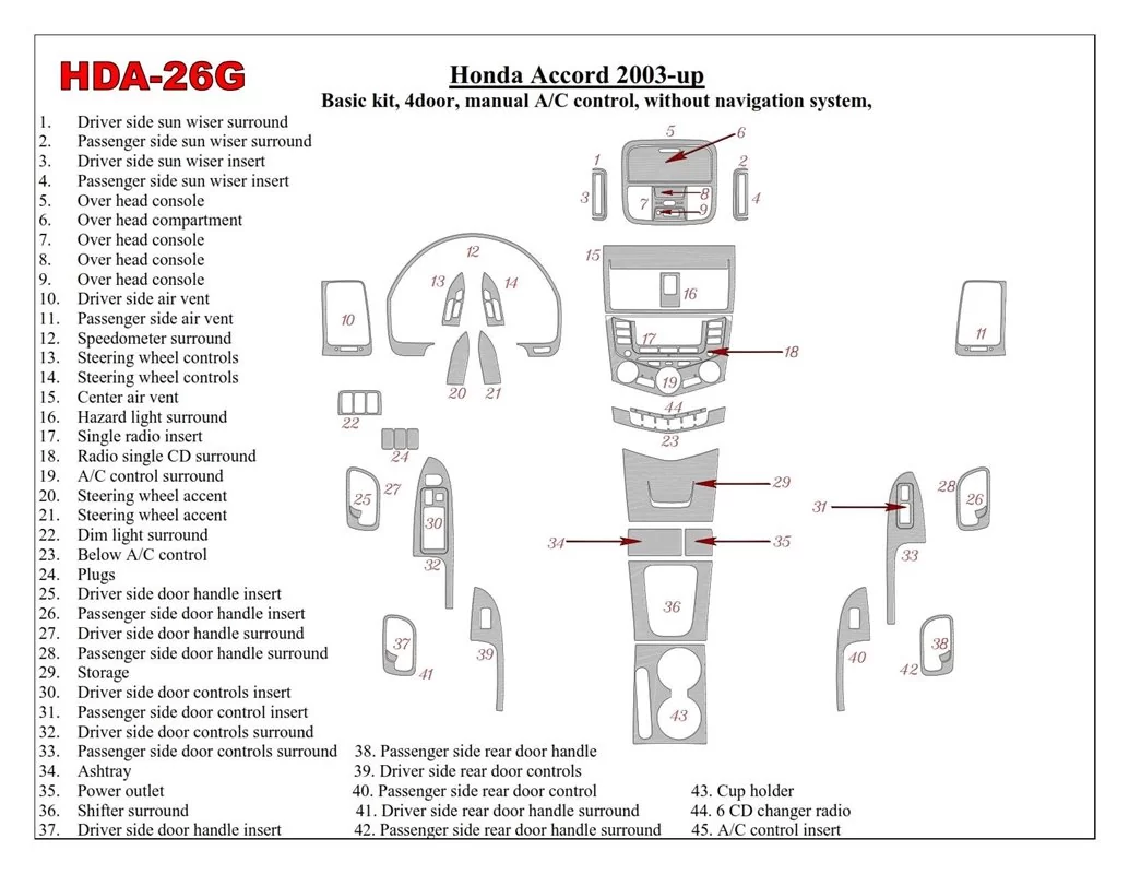Honda Accord 2003-2007 Basic Set, Manual Gearbox A/C Control, Without NAVI system, 4 Doors Interior BD Dash Trim Kit - 1 - Inter