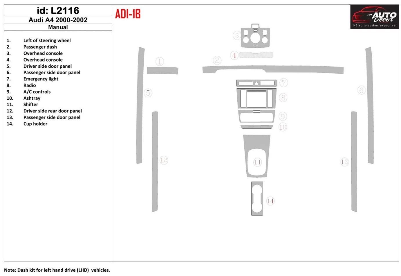 Audi A4 2000-2001 Full Set, Manual.G Interior BD Dash Trim Kit - 1 - Interior Dash Trim Kit