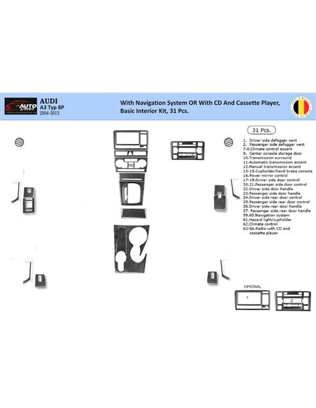 Audi A3 Typ 8P 2006-2014 3D Interior Dashboard Trim Kit WHZ Dash Trim Dekor 31-Parts