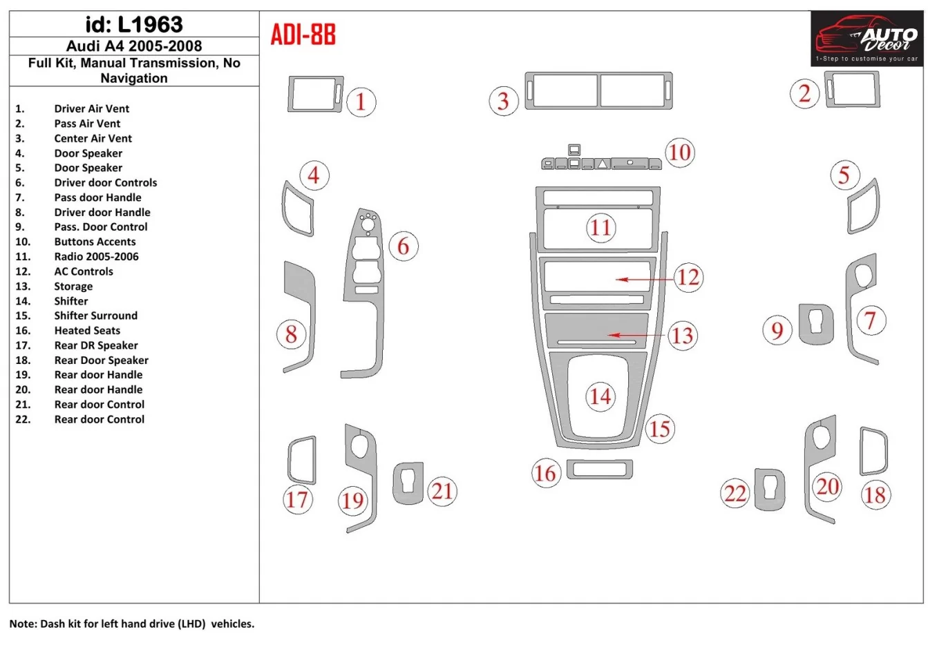 Audi A4 2005-2008 Manual Interior BD Dash Trim Kit - 1 - Interior Dash Trim Kit
