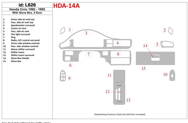 Honda Civic 1992-1995 2 Doors, With glowe-box Interior BD Dash Trim Kit - 1 - Interior Dash Trim Kit