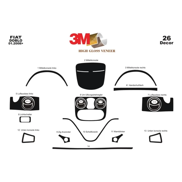 Fiat Doblo 01.01-08.09 3D Interior Dashboard Trim Kit Dash Trim Dekor 26-Parts