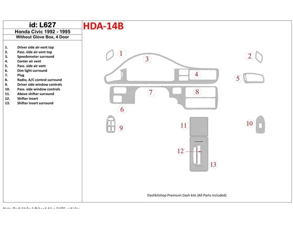 Honda Civic 1992-1995 2 Doors, Without glowe-box Interior BD Dash Trim Kit - 1 - Interior Dash Trim Kit