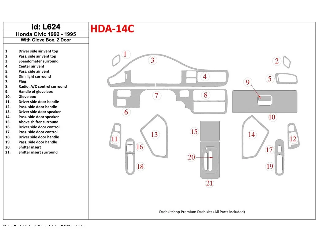 Honda Civic 1992-1995 4 Doors, With glowe-box Interior BD Dash Trim Kit - 1 - Interior Dash Trim Kit