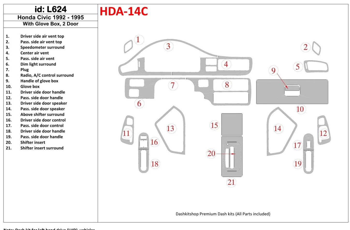 Honda Civic 1992-1995 4 Doors, With glowe-box Interior BD Dash Trim Kit - 1 - Interior Dash Trim Kit