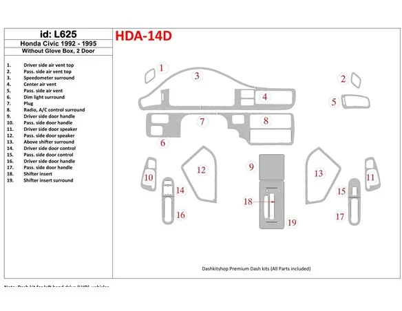 Honda Civic 1992-1995 4 Doors, Without glowe-box Interior BD Dash Trim Kit - 1 - Interior Dash Trim Kit