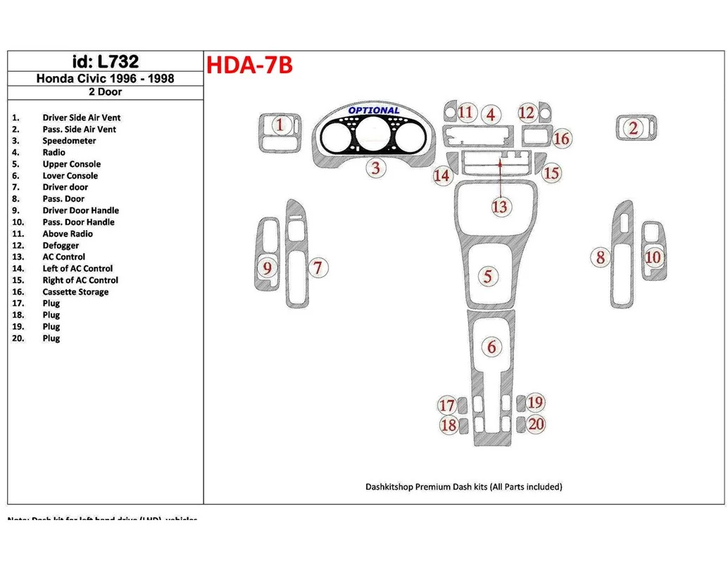 Honda Civic 1996-1998 2 Doors, Full Set, 20 Parts set Interior BD Dash Trim Kit - 1 - Interior Dash Trim Kit