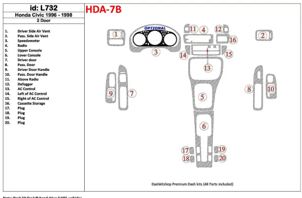 Honda Civic 1996-1998 2 Doors, Full Set, 20 Parts set Interior BD Dash Trim Kit - 1 - Interior Dash Trim Kit Honda Civic 1996-1998 2 Doors, Full Set, 20 Parts set Interior BD Dash Trim Kit - 1 - Interior Dash Trim Kit