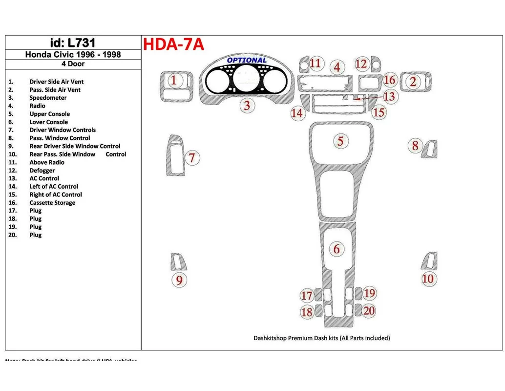 Honda Civic 1996-1998 4 Doors, Full Set, 20 Parts set Interior BD Dash Trim Kit - 1 - Interior Dash Trim Kit