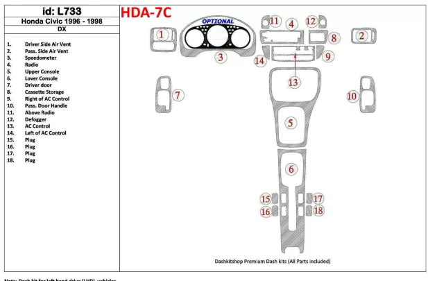 Honda Civic 1996-1998 DX, 18 Parts set Interior BD Dash Trim Kit - 1 - Interior Dash Trim Kit