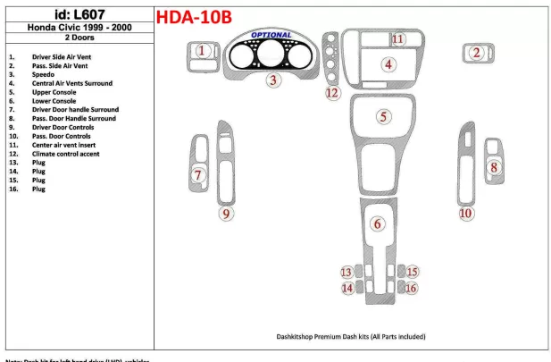 Honda Civic 1999-2000 2 Doors 16 Parts set Interior BD Dash Trim Kit - 1 - Interior Dash Trim Kit