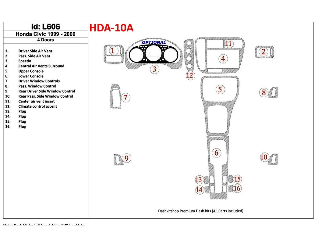 Honda Civic 1999-2000 4 Doors 16 Parts set Interior BD Dash Trim Kit - 1 - Interior Dash Trim Kit