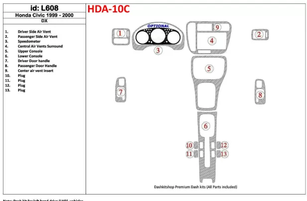 Honda Civic 1999-2000 DX, 13 Parts set Interior BD Dash Trim Kit - 1 - Interior Dash Trim Kit