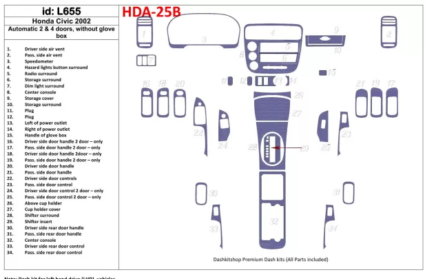 Honda Civic 2002-2002 Automatic Gearbox, 2 or 4 Doors, Without glowe-box, 34 Parts set Interior BD Dash Trim Kit - 1 - Interior 