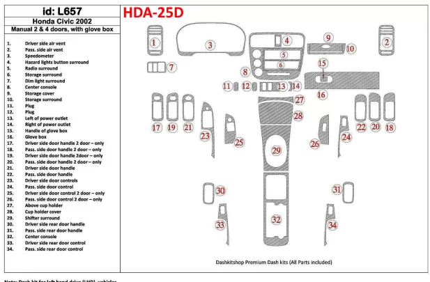 Honda Civic 2002-2002 Manual Gearbox, 2 or 4 Doors, with glowe-box, 35 Parts set Interior BD Dash Trim Kit - 1 - Interior Dash T Honda Civic 2002-2002 Manual Gearbox, 2 or 4 Doors, with glowe-box, 35 Parts set Interior BD Dash Trim Kit - 1 - Interior Dash T