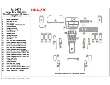 Honda Civic 2003-2005 Manual Gear Box, 2 or 4 Doors, with glowe-box Interior BD Dash Trim Kit - 1 - Interior Dash Trim Kit