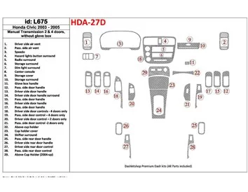 Honda Civic 2003-2005 Manual Gear Box, 2 or 4 Doors, Withouth glowe-box Interior BD Dash Trim Kit - 1 - Interior Dash Trim Kit