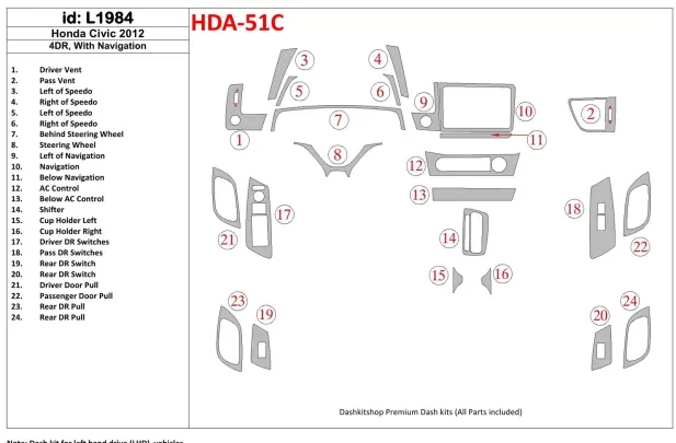 Honda Civic 2012-UP Sedan, With NAVI Interior BD Dash Trim Kit - 1 - Interior Dash Trim Kit